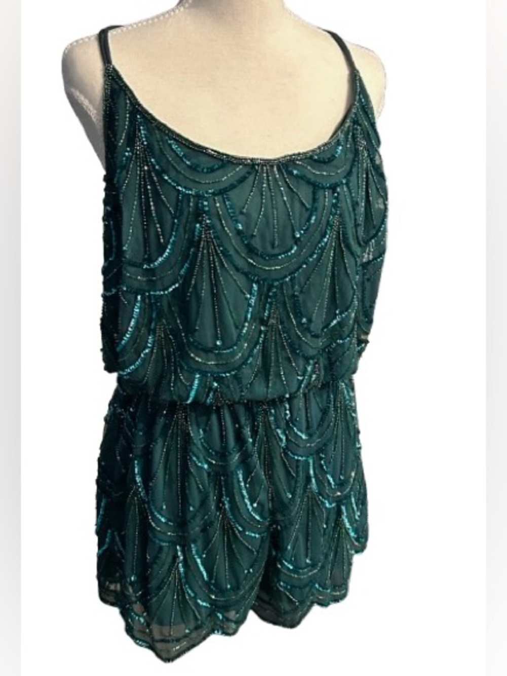 NWT Shorts Romper Beaded Dark Green ANGIE Illusion Sheer Sparkly New Shorts - Picture 9 of 16